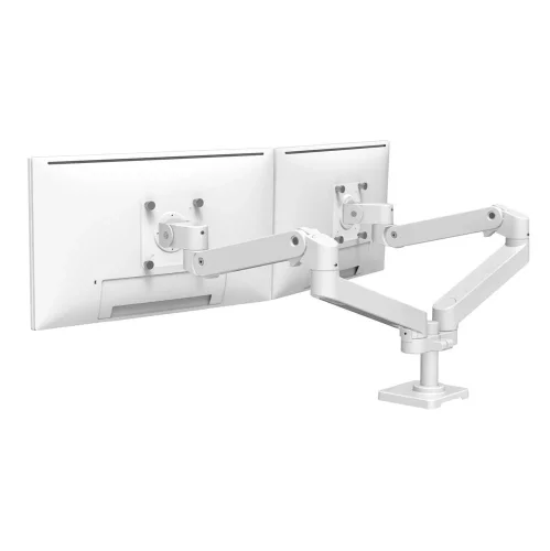 Biały uchwyt na dwa monitory Ergotron LX Pro Dual umożliwia ustawienie ekranów obok siebie. Niezależne ramiona pozwalają regulować każdy monitor osobno.