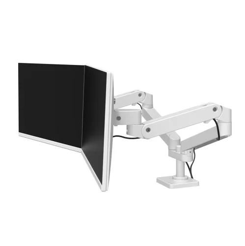 Ramię do monitora w kolorze białym prezentuje stabilną konstrukcję i płynny ruch. Uchwyt do monitorów na biurko zapewnia wysięg do 64 cm.