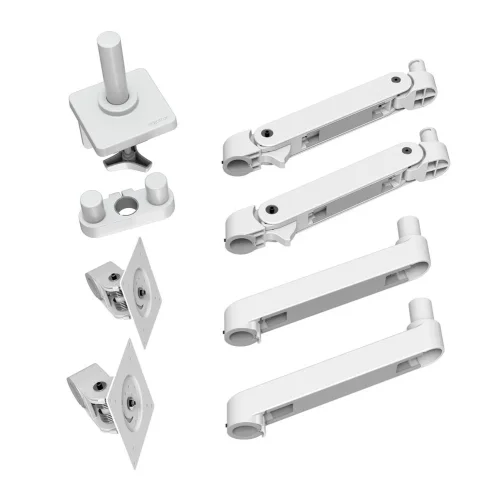 Zestaw Ergotron LX Pro Dual biały zawiera dwa ramiona, przeguby, wspornik T oraz elementy montażowe. Aluminiowa konstrukcja gwarantuje trwałość i estetykę stanowiska.