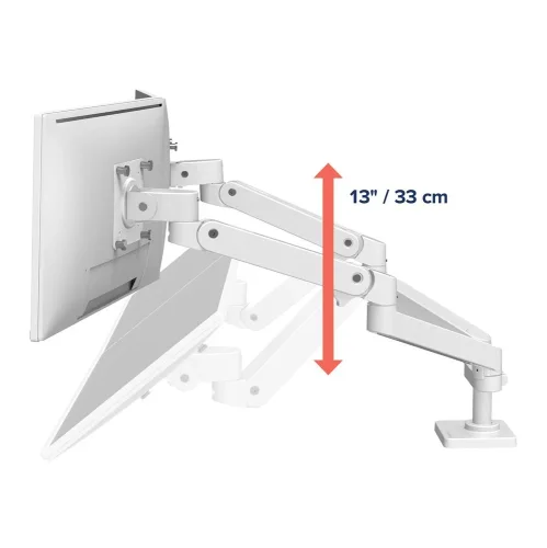 Regulacja wysokości do 33 cm pozwala dopasować pozycję monitorów do Twojej sylwetki. Uchwyt do monitora poprawia ergonomię i redukuje napięcie szyi.