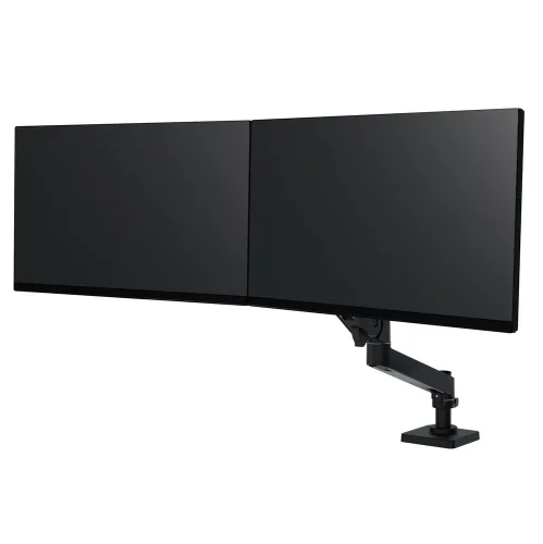 Ergotron LX Pro Dual Direct Monitor Arm w konfiguracji na dwa monitory ustawione obok siebie. Uchwyt do monitora na biurko zapewnia stabilne podparcie i precyzyjną regulację wysokości oraz kąta widzenia.