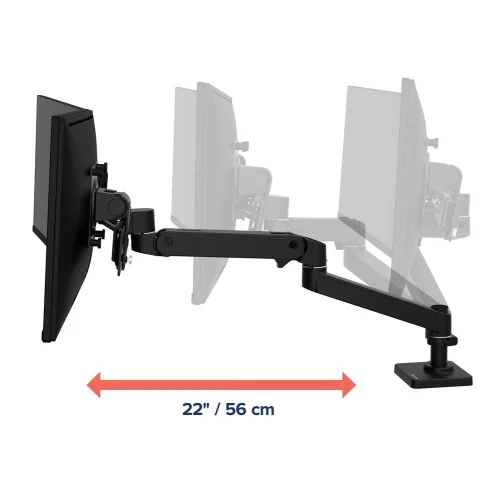 Zakres wysięgu ramienia do monitora do 56 cm. Uchwyt na monitor do biurka umożliwia swobodne odsuwanie i przybliżanie ekranów.