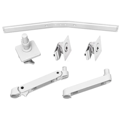 Kompletny zestaw uchwytu na dwa monitory Ergotron LX Pro w kolorze białym. Ramię, belka Dual Direct, przeguby VESA i zacisk do biurka tworzą modułową konstrukcję, która ułatwia montaż i późniejszą rozbudowę stanowiska.