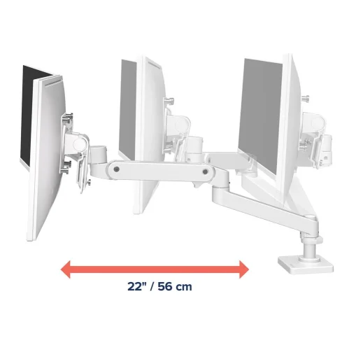 Uchwyt na dwa monitory z wysięgiem do 56 cm pozwala ustawić ekrany dokładnie tam, gdzie ich potrzebujesz. Ramię do monitora pracuje płynnie w poziomie, zapewnia stabilność i poprawia ergonomię Twojej pracy przy biurku.
