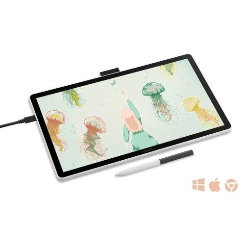 Wacom One 14 podczas pracy z grafiką cyfrową. Ekran IPS Full HD 1920 x 1080 zapewnia wyraźny obraz. Kompatybilny z Windows, macOS i ChromeOS.
