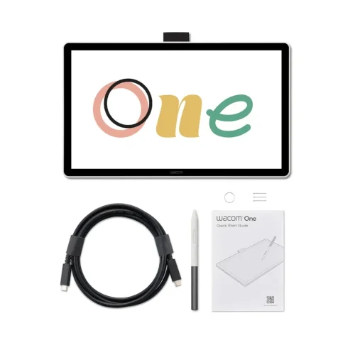 Zestaw Wacom One 14 DTC141W0 zawiera tablet, kabel USB C 1,8 m, pióro Wacom One Standard Pen, końcówki zapasowe i instrukcję startową.