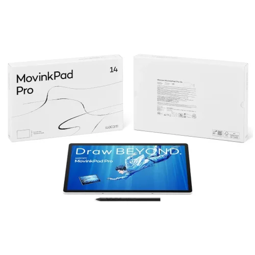 Zestaw Wacom MovinkPad Pro 14 z opakowaniem, tabletem graficznym i piórkiem Pro Pen 3. Mobilny tablet kreatywny z ekranem OLED i systemem Android do rysowania, ilustracji i pracy graficznej.