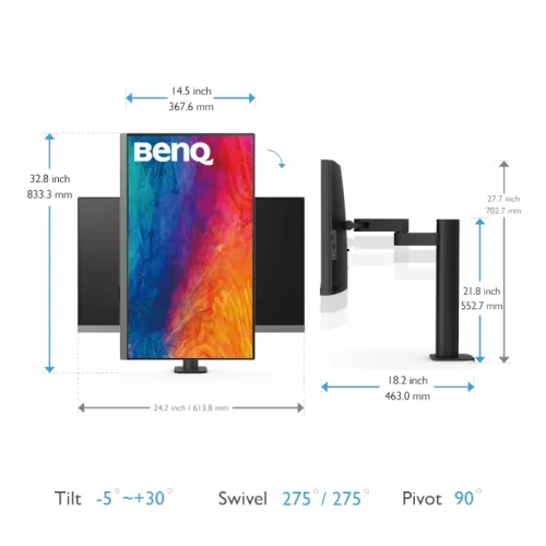 BenQ PD2706UA z ramieniem Ergo Arm oferuje szeroki zakres regulacji. Obrót 275°, pivot 90°, pochylenie od -5° do 30° oraz regulacja wysokości pozwalają wygodnie dopasować pozycję monitora.