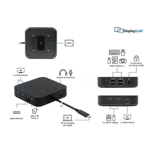 Schemat możliwości stacji dokującej LMP USB C Triple DisplayDock 4K z DisplayLink. Grafika pokazuje porty HDMI, USB A, USB C, Ethernet, audio, zasilanie PD oraz mocowanie VESA dla pracy na trzech monitorach.