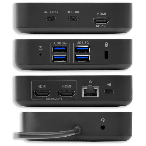 Porty stacji dokującej LMP USB C Triple DisplayDock 4K z DisplayLink. Zbliżenie pokazuje HDMI, USB C 10G, USB A 5G, Ethernet, wejście zasilania USB C, audio i zabezpieczenie Kensington.