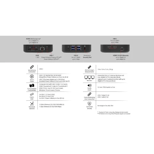 Specyfikacja stacji dokującej LMP USB C Triple DisplayDock 4K w formie grafiki. Materiał pokazuje porty, wymiary, zasilanie, zgodność, obsługę trzech monitorów 4K i zestaw złączy do pracy biurowej.