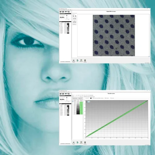 Oprogramowanie TECHKON SpectroConnect z podglądem mikroskopowym rastra i krzywą transferu punktu dla SpectroPlate Expert.