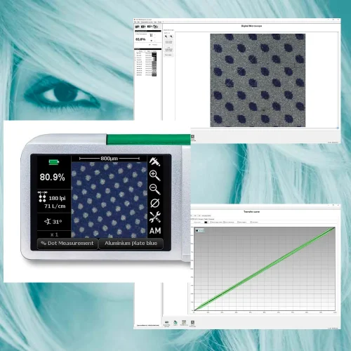 TECHKON SpectroPlate Expert z podglądem rastra i programem SpectroConnect do analizy krzywych oraz dokumentacji pomiarów.