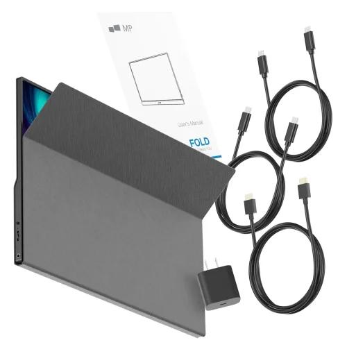 Mobile Pixels Fold Full HD w zestawie z etui magnetycznym, przewodami, zasilaczem i instrukcją obsługi.