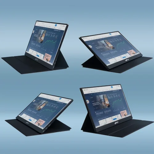 Mobile Pixels Fold Full HD w kilku pozycjach ustawienia z etui magnetycznym i stabilną podstawką.