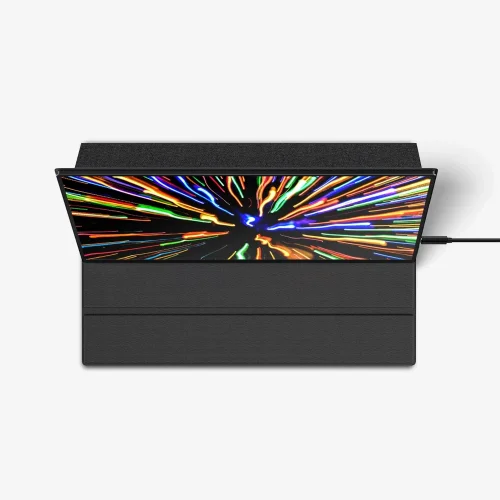 Mobile Pixels Fold QHD 16" z przewodem USB-C, etui ochronnym i stabilnym ustawieniem do pracy mobilnej.