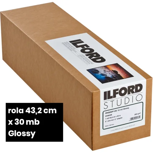 Ilford Studio Glossy 43,2 cm x 30 m SKU 2008038 – błyszczący papier fotograficzny RC 250 g/m² w roli do druku atramentowego.