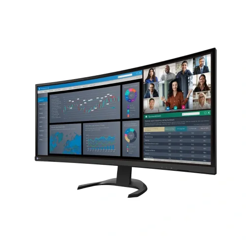EIZO FlexScan EV3851X z widokiem pulpitu roboczego i wideokonferencji.
