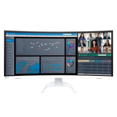 Biały monitor EIZO FlexScan EV3851X-WT 37,5 cala ultrawide z widokiem pulpitu roboczego.