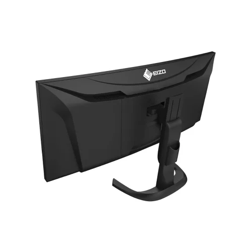 Tył czarnego monitora EIZO FlexScan EV3451X-BK z zakrzywioną obudową i podstawą.