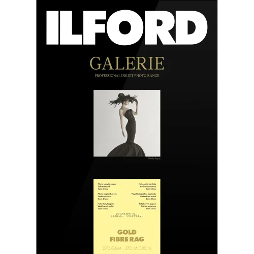 Opakowanie Ilford Galerie Gold Fibre Rag, papier fotograficzny Fine Art Baryta-like 270 g/m² do reprodukcji, portretu, czerni i bieli oraz prac do oprawy.