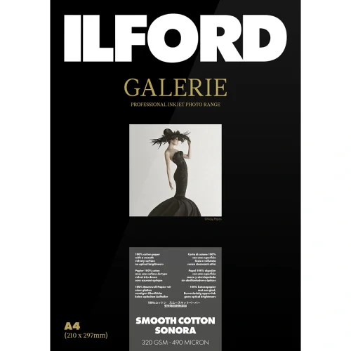 Opakowanie papieru fotograficznego Ilford Galerie Smooth Cotton Sonora 320 g/m², matowy papier bawełniany Fine Art do wydruków artystycznych.