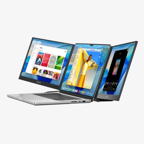 Mobile Pixels Trio 3 Pro podłączony do laptopa Apple jako mobilne stanowisko pracy z trzema ekranami.