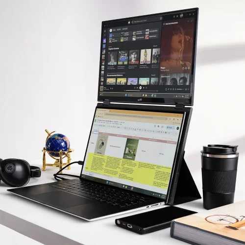 Mobile Pixels Duex Float 2 Pro w mobilnym stanowisku pracy z kalendarzem, muzyką i aplikacjami biurowymi