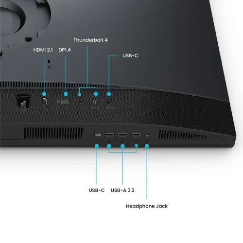 Złącza BenQ PV3250U: HDMI 2.1, DisplayPort 1.4, Thunderbolt 4, USB-C, porty USB-A 3.2 i wyjście słuchawkowe do stanowiska montażowego.