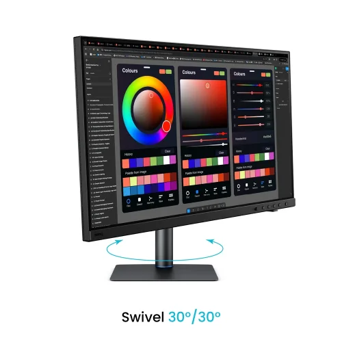 BenQ PV3250U z regulacją obrotu podstawy o 30 stopni w lewo i prawo, przydatną w stanowisku do montażu wideo i korekcji barwnej.