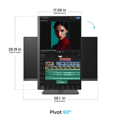 BenQ PV3250U w trybie pivot 90 stopni, pokazujący możliwość pionowego ustawienia ekranu 31,5 cala przy pracy z długimi materiałami i interfejsem aplikacji.