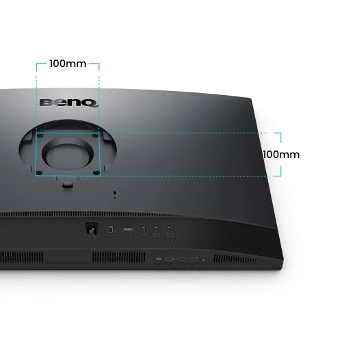 Mocowanie VESA 100 × 100 mm w monitorze BenQ PV3250U, umożliwiające instalację monitora na kompatybilnym ramieniu lub uchwycie.
