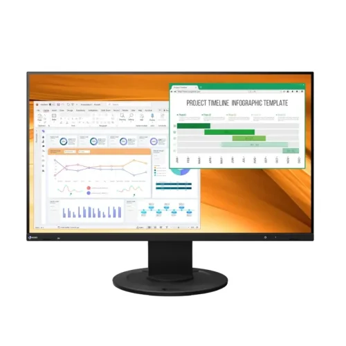 Czarny monitor EIZO FlexScan EV2400R-BK 23,8 cala Full HD 100 Hz pokazany od frontu z otwartymi aplikacjami biurowymi i ergonomiczną podstawą.