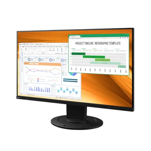 EIZO FlexScan EV2400R-BK 23,8 cala Full HD 100 Hz w czarnej obudowie pokazany pod kątem, z widocznym ekranem do pracy biurowej.