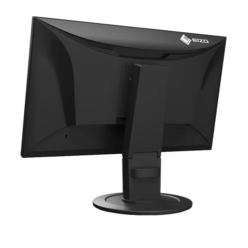 Tył czarnego monitora EIZO FlexScan EV2400R-BK z ergonomiczną podstawą, mechanizmem regulacji wysokości i charakterystyczną obudową serii FlexScan.