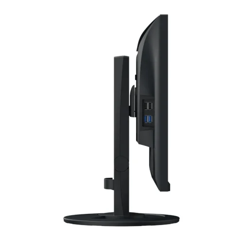 Boczny widok monitora EIZO FlexScan EV2400R-BK pokazujący smukłą obudowę, ergonomiczną podstawę oraz boczne porty USB Type-A.