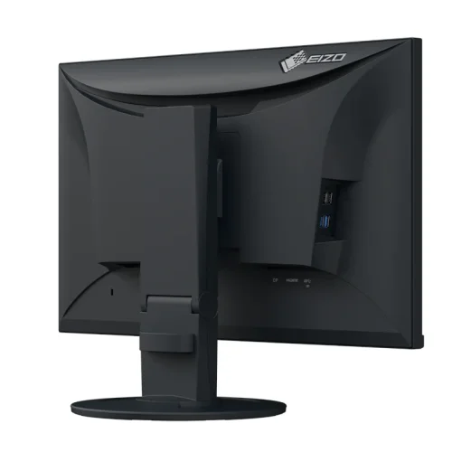 Czarny monitor EIZO FlexScan EV2400R-BK pokazany od tyłu pod kątem, z widoczną ergonomiczną podstawą, logo EIZO i bocznym panelem złączy.