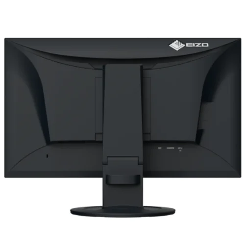 Tylny widok monitora EIZO FlexScan EV2400R-BK z centralnie ustawioną podstawą, logo EIZO oraz oznaczeniami złączy DisplayPort, HDMI i USB.