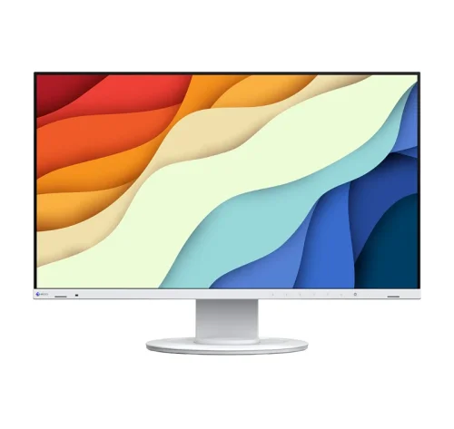 EIZO FlexScan EV2400R-WT w białej obudowie, pokazany od frontu z kolorową grafiką na ekranie. Kompaktowy monitor 23,8 cala do jasnego biura i home office.