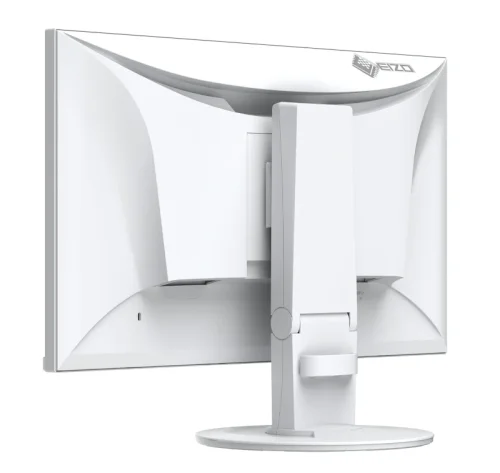 Tył białego monitora EIZO FlexScan EV2400R-WT z ergonomiczną podstawą, logo EIZO i jasną obudową do recepcji, gabinetu lub home office.