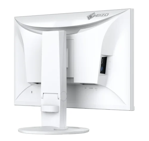 Biały monitor EIZO FlexScan EV2400R-WT pokazany od tyłu pod kątem, z widoczną regulowaną podstawą, logo EIZO i bocznym panelem portów USB.