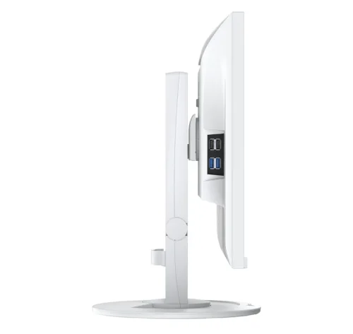 Boczny widok białego monitora EIZO FlexScan EV2400R-WT pokazujący smukłą obudowę, regulowaną podstawę oraz cztery łatwo dostępne porty USB Type-A.