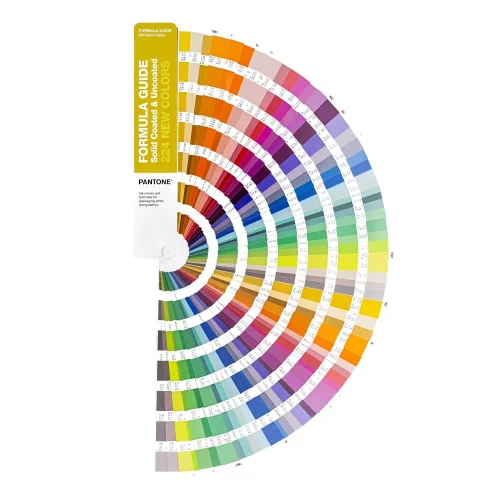 Pantone Formula Guide Supplement 2026 z nowymi kolorami od 6225 do 6448, pokazany w formie półokrągłego wachlarza próbek Pantone.