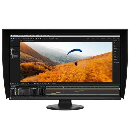 EIZO ColorEdge CS3200X z kapturem podczas pracy z materiałem wideo, monitor 4K z 96% DCI-P3 do montażu, korekcji barwnej i postprodukcji.