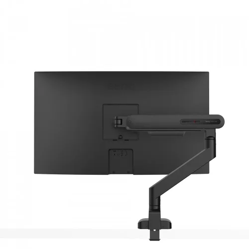 BenQ BSL01 Ergo Arm, uchwyt do monitora widoczny od tyłu z ekranem zamontowanym na regulowanym ramieniu biurkowym.