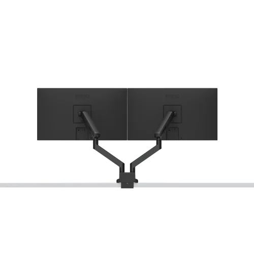 BenQ BDL01 Ergo Arm, uchwyt do dwóch monitorów na wspólnej podstawie, widok od tyłu z dwoma ekranami ustawionymi poziomo.