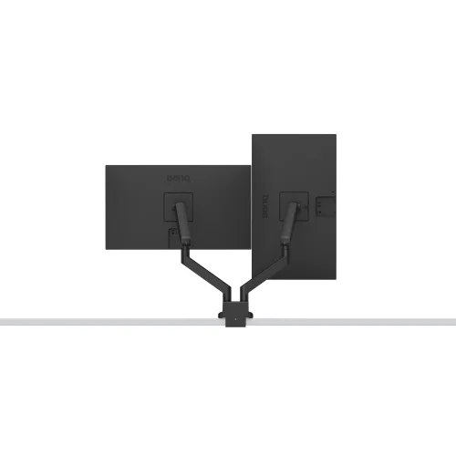 BenQ BDL01 z dwoma monitorami w różnych orientacjach, jeden ekran poziomo, drugi pionowo, niezależna regulacja obu ramion.