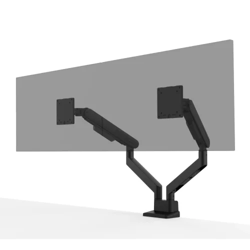 Regulacja dwóch monitorów na BenQ BDL01, widok konstrukcji ramion umożliwiających niezależne ustawienie obu ekranów.