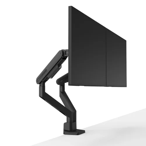 BenQ BDL01, boczny widok podwójnego ramienia do monitorów, pokazujący głębokość ustawienia ekranów i położenie przegubów.