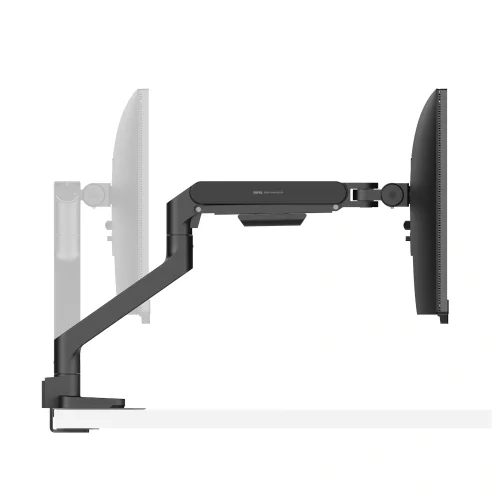 Regulacja wysięgu uchwytu BenQ BSH01 umożliwia przybliżanie i odsuwanie monitora względem użytkownika. Ramię osiąga wysięg do około 568 mm.